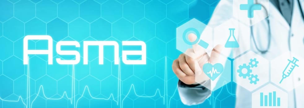 Doctor touching an icon on a futuristic interface - Asthma in spanish