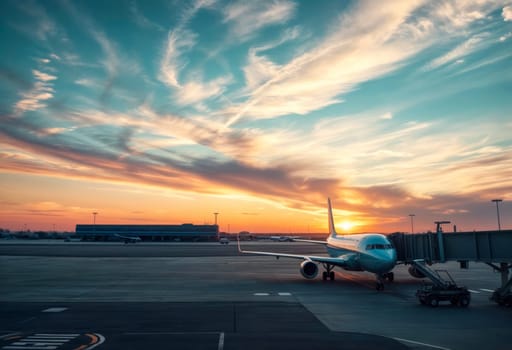 A commercial airplane docked at an airport gate during sunset with a colorful sky, representing travel and aviation