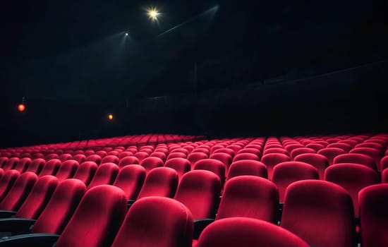 An empty theater auditorium with rows of red seats and dim lighting, capturing a quiet and dramatic atmosphere