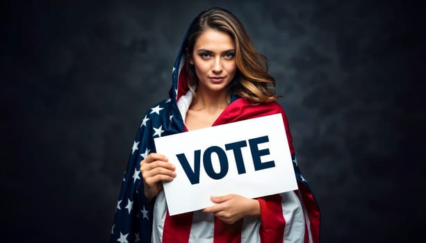 A young woman in her 20s wrapped in the American flag holding a sign that says “Vote,” symbolizing patriotism and election participation.