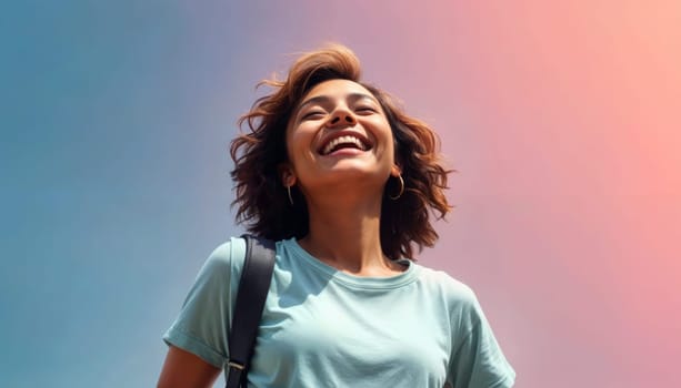 A young woman in her 20s smiling outdoors against a colorful gradient sky, expressing joy and positivity