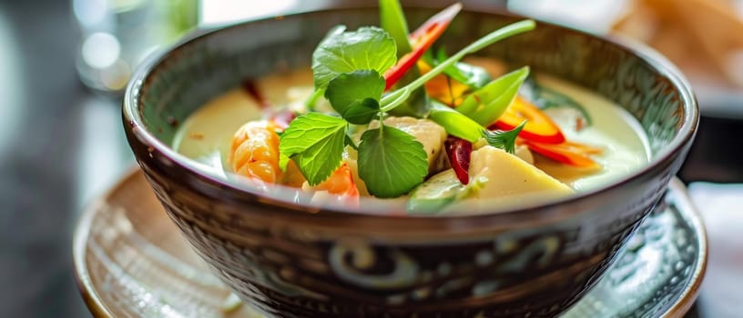 Close-up of a delicious bowl of Thai green curry, rich in colorful vegetables and tender meat, served in a stylish bowl