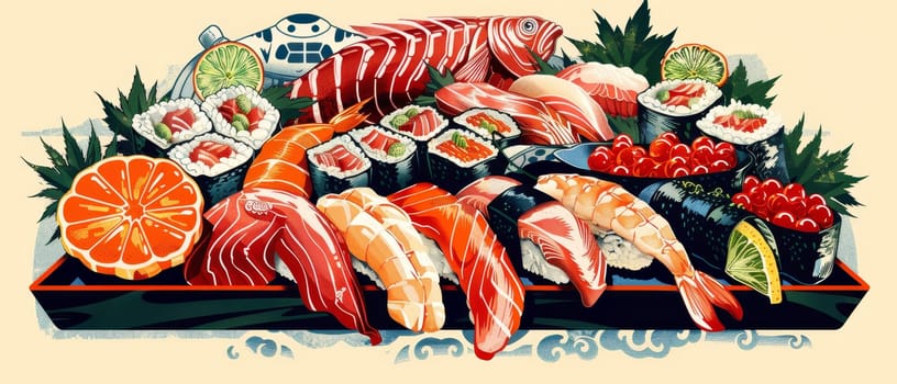 Artistic illustration of colorful sushi pieces on a tray, surrounded by abstract floral and wave patterns