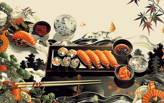 Artistic illustration of colorful sushi pieces on a tray, surrounded by abstract floral and wave patterns