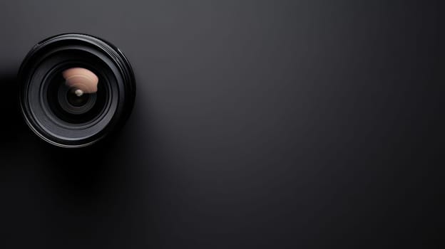 Close-up of a professional camera lens on a dark background with copy space, symbolizing photography and visual arts.