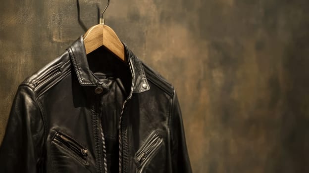 Close-up of a stylish black leather jacket hanging on a wooden hanger against a textured golden background, showcasing timeless fashion.