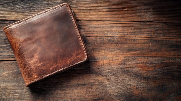 An old brown leather wallet on a rustic wooden table background, symbolizing finance and personal belongings.
