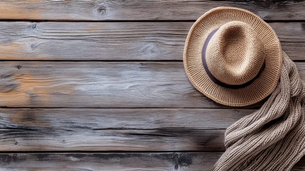 Beige straw hat with dark ribbon and knitted scarf on weathered wooden planks, evoking a relaxed summer or autumn mood with copy space.