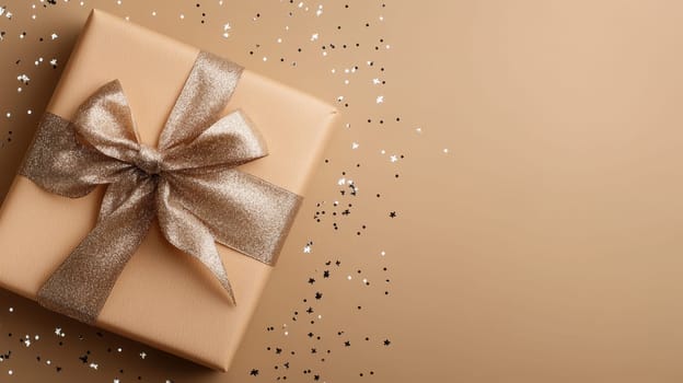 A luxurious gift box wrapped in gold paper with a glittery golden bow, surrounded by festive confetti on a warm beige background.