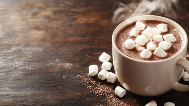 A mug of rich hot chocolate topped with fluffy marshmallows, set on a dark wooden table with cocoa powder and extra marshmallows, perfect for winter comfort.