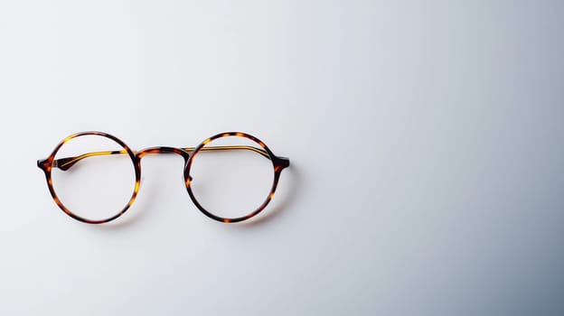 Stylish round tortoiseshell glasses frames on a clean white background with ample copy space, showcasing retro fashion eyewear.