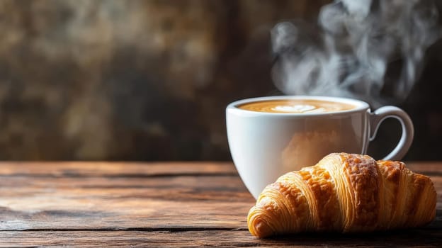 A steaming cup of coffee with latte art next to a golden croissant on a rustic wooden table, creating a cozy breakfast atmosphere with copy space.