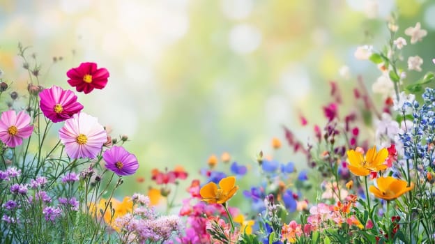 Vibrant wildflower meadow with a variety of colorful blooms including cosmos, poppies, and cornflowers against a soft focus background.