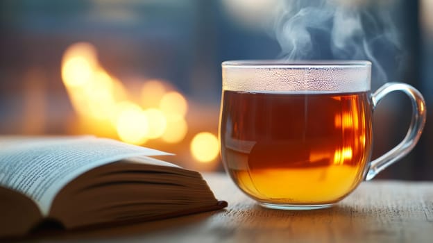 A glass cup of hot tea next to an open book on a wooden table, with a blurred fireplace in the background, creating a warm and relaxing atmosphere.