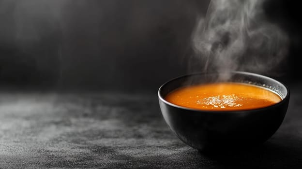 A hot, vibrant orange pumpkin soup in a black bowl with rising steam, set on a dark background with ample copy space for text or design elements.