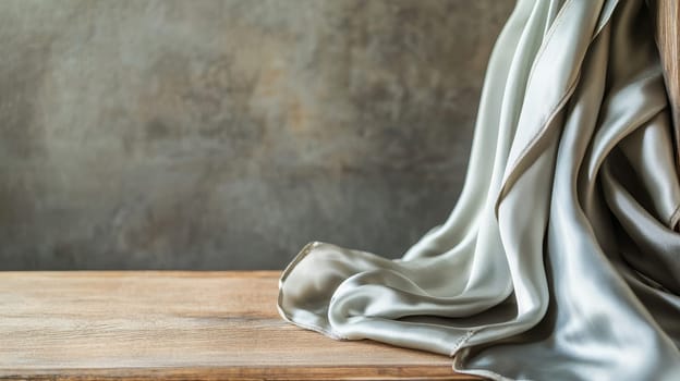 Smooth, flowing silver silk fabric draped over a rustic wooden surface, with a textured background and copy space for text or design elements.