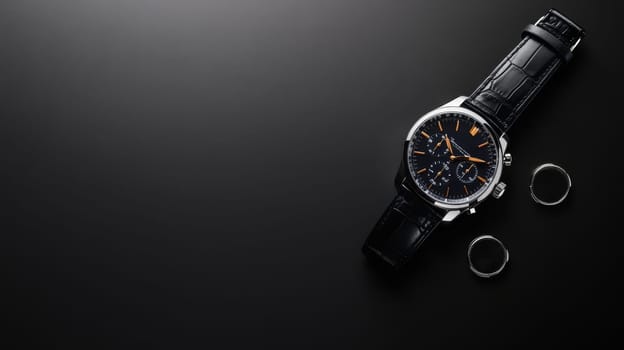Elegant black and silver men's wristwatch with chronograph dials on a dark background with wedding rings, showcasing style and sophistication.