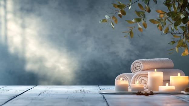 Tranquil spa setting with lit candles, rolled white towels, and green leaves against a misty blue background, perfect for relaxation and wellness concepts.