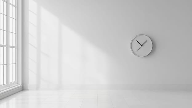 Clean, bright minimalist white room interior with a simple wall clock, large window, and sunlight casting shadows, offering ample copy space.