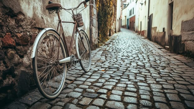 Old-fashioned bicycle leaning against a weathered wall on a narrow cobblestone street, evoking nostalgia and European charm.