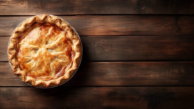 Golden-brown homemade apple pie in a tin pan on a rustic wooden table, with copy space for text or design elements.