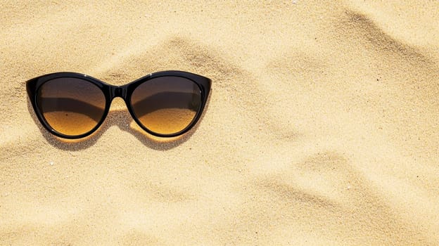 Stylish black sunglasses resting on golden sand with copy space, perfect for summer vacation and beach lifestyle concepts.