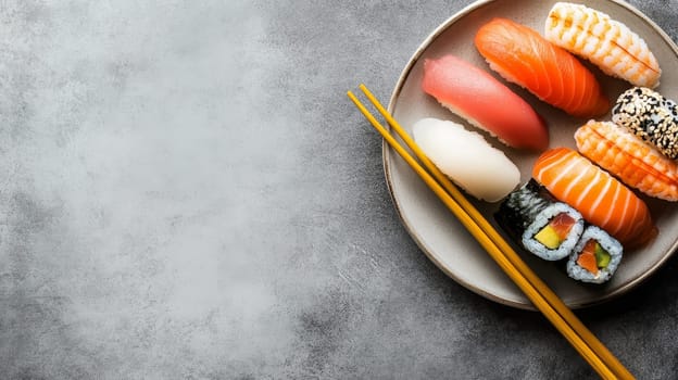 Assorted sushi and rolls on a ceramic plate with chopsticks, set against a grey background with copy space, showcasing Japanese cuisine.