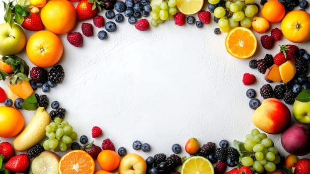 Vibrant assortment of fresh fruits arranged in a frame on white background, leaving blank space in the center for text or design elements.