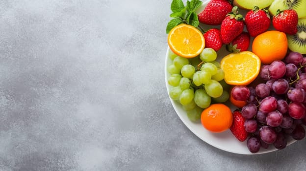 Fresh assorted fruits on a white plate against a light grey background with ample copy space, showcasing healthy eating and nutrition.
