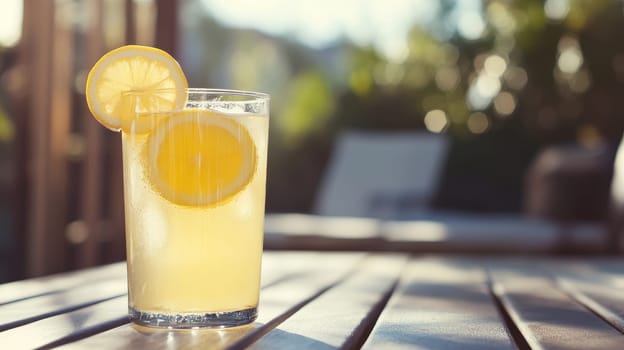 Glass of homemade lemonade with lemon slice garnish on wooden table, sunlit outdoor setting with blurred background, perfect for summer refreshment.