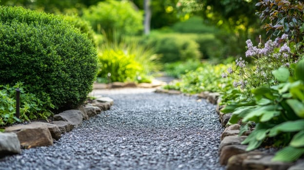 Beautifully landscaped garden path with gravel walkway, bordered by manicured shrubs, flowers, and lush green plants, creating a serene outdoor setting.