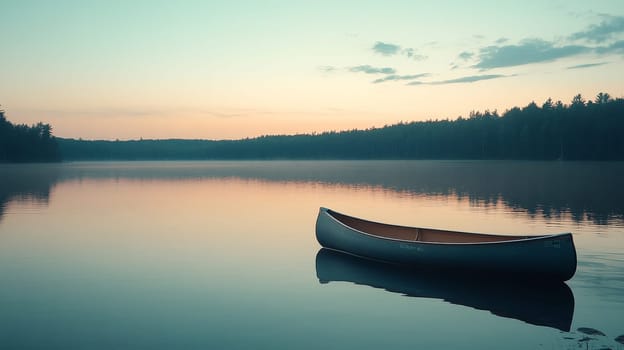 Tranquil scene of a solitary canoe floating on a misty lake at sunset, silhouetted against a pastel sky and surrounded by a pine forest shoreline.