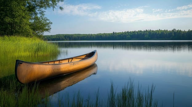 Serene scene of a golden canoe resting on calm lake waters, surrounded by lush forest and reflected in the mirror-like surface at early morning.