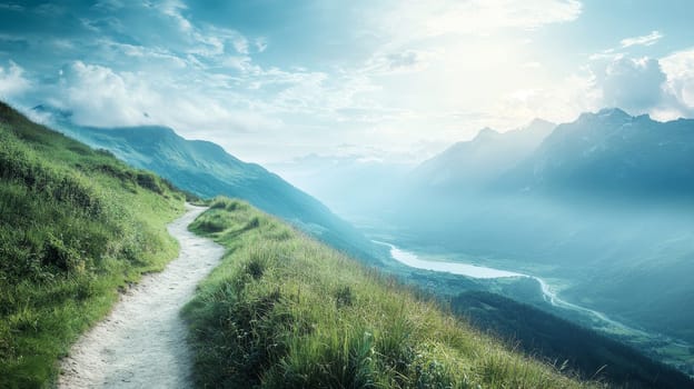 Winding hiking trail on a grassy hillside overlooking a misty mountain valley with distant peaks and a river, under a dramatic cloudy sky.