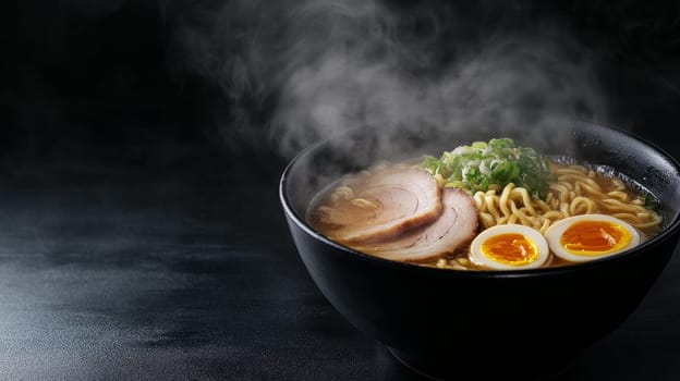 A steaming bowl of ramen with sliced pork, soft-boiled egg, noodles, and green onions in a rich broth, set against a dark background with copy space.