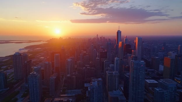 Breathtaking aerial view of a modern city skyline during golden hour, with skyscrapers silhouetted against a vibrant sunset sky.