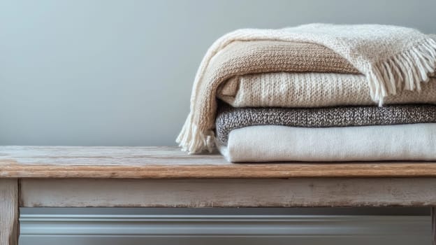Stack of warm, neutral-toned knit blankets and throws neatly folded on a rustic wooden bench, creating a cozy and inviting atmosphere.