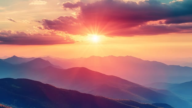 Breathtaking sunset over mountain ranges with vibrant colors painting the sky, creating a dramatic silhouette of peaks bathed in golden light.
