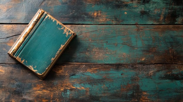 An old teal-colored book with worn edges on a distressed teal and brown wooden surface, evoking nostalgia and history.