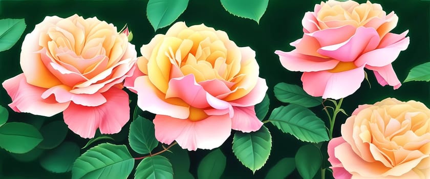 Captivating artwork showcases array of blooming roses in soft pinks, bright oranges, and delicate whites, surrounded by verdant leaves, portraying timeless celebration of beauty and romance in nature