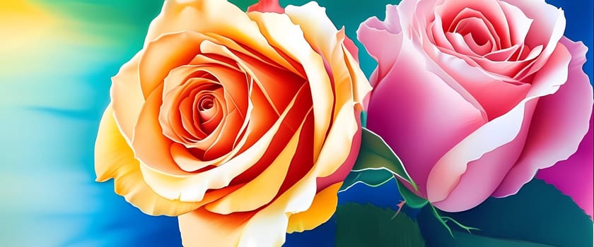Captivating artwork showcases array of blooming roses in soft pinks, bright oranges, and delicate whites, surrounded by verdant leaves, portraying timeless celebration of beauty and romance in nature
