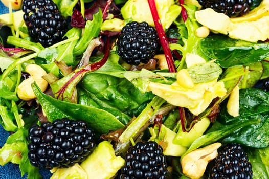 Clean food, salad with fresh blackberries and feta garnished with fresh herbs. Copy space, recipe place.