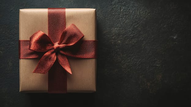 Luxurious gift box wrapped in gold paper with red satin ribbon and bow on dark background. Elegant present for special occasion with copy space.