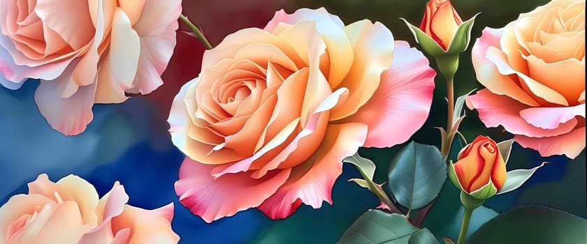 Captivating artwork showcases array of blooming roses in soft pinks, bright oranges, and delicate whites, surrounded by verdant leaves, portraying timeless celebration of beauty and romance in nature
