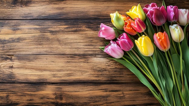 Vibrant bouquet of multicolored tulips arranged in the corner of a rustic wooden background, perfect for spring or Mother's Day themes.