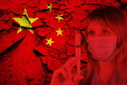 Female doctor with medical mask on China flag background. Concept of corona virus.