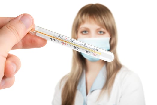Hand check the temperature on doctor with mask background