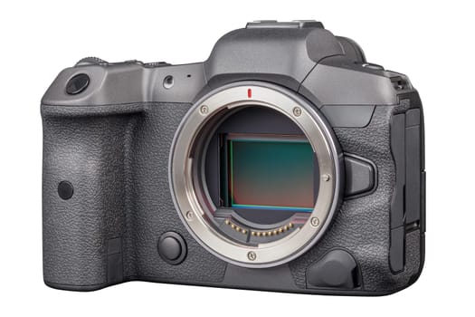 black 2020s professional 35mm full-frame mirrorless camera body with flip screen isolated on white background.