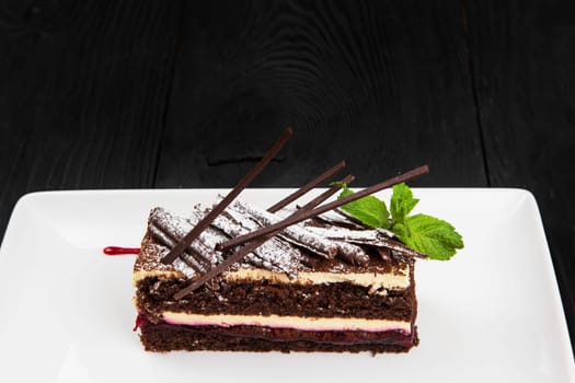 Plate with piece of delicious chocolate cake decorated with mint leaves