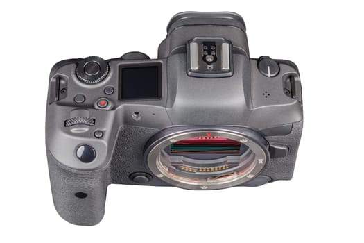 black 2020s professional 35mm full-frame mirrorless camera body with flip screen isolated on white background.